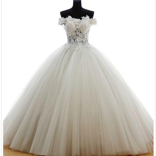 Off Shoulder Lace Sleeveless Charming Tulle Floor-Length Wedding Dresses,220052