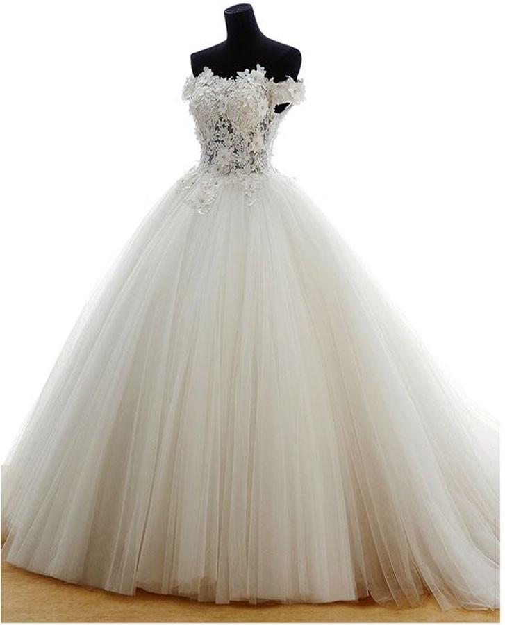 Off Shoulder Lace Sleeveless Charming Tulle Floor-Length Wedding Dresses,220052