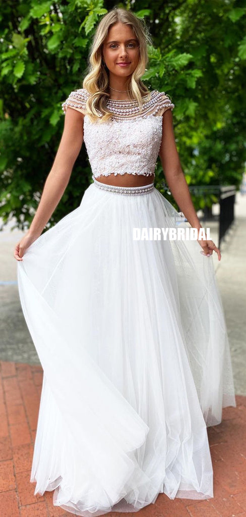 Elegant A-line Round Neck Tulle Backless Beaded Two Pieces Prom Dress, FC5239