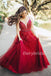 Red Deep V-Neck Lace Prom Dress, Tulle A-Line Applique Prom Dress, D533