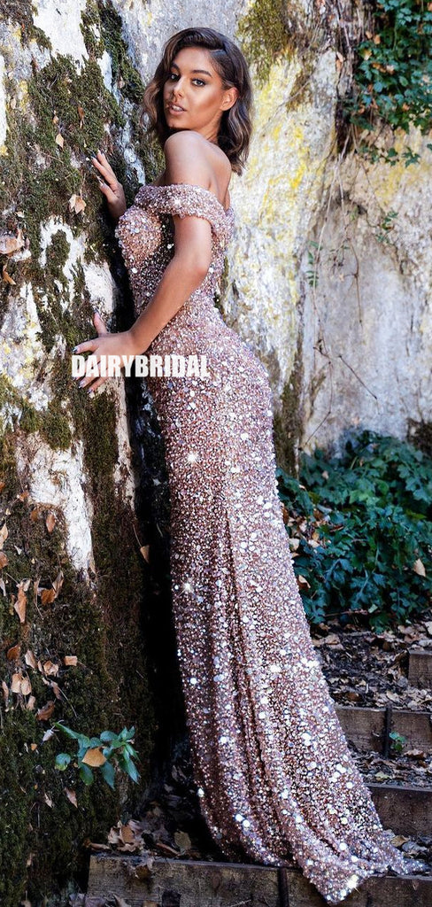 Stunning Mermaid Sequin Off Shoulder Beaded Long Prom Dress, FC5383