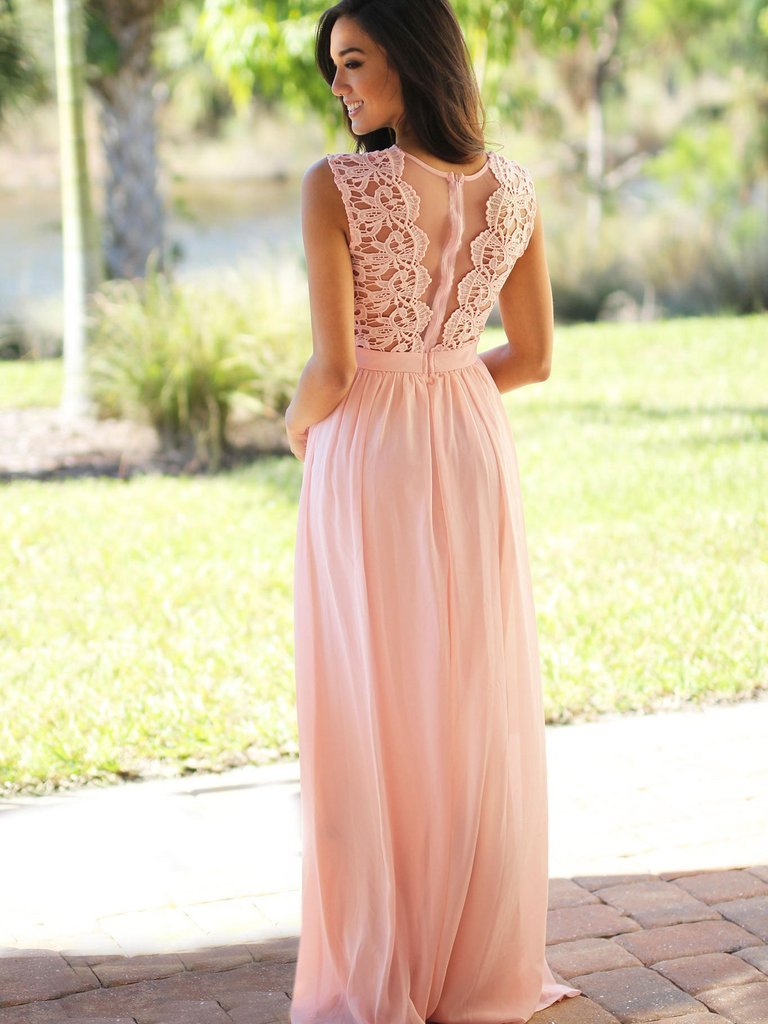 Long Chiffon Bridesmaid Dress, Lace Floor-Length Cheap Bridesmaid Dress, Sleeveless Bridesmaid Dress, LB0554