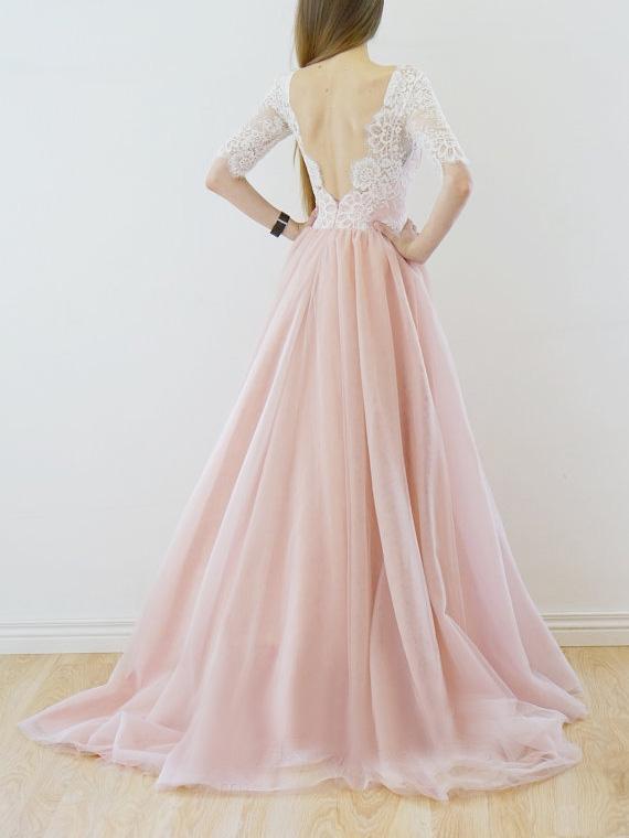 Long Wedding Dress, Tulle Wedding Dress, Half Sleeve Bridal Dress, Sexy V-Back Wedding Dress, Lace Wedding Dress, V-Neck Wedding Dress, Pink Wedding Dress, LB0563