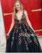 Charming Black A-Line Tulle Deep V-Neck Backless Applique Prom Dress, D575