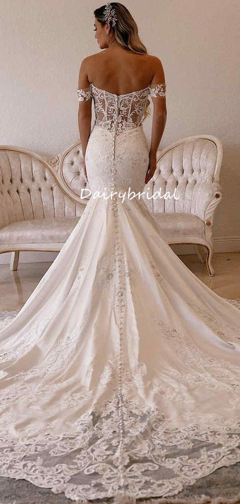 Off Shoulder Sexy Mermaid Backless Lace Long Wedding Dresses, FC5796