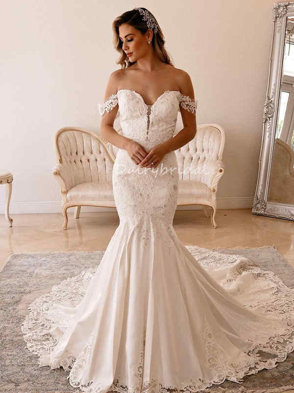 Off Shoulder Sexy Mermaid Backless Lace Long Wedding Dresses, FC5796