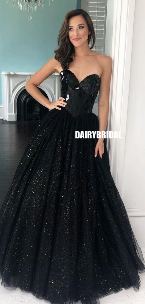 Stunning Black A-line Sweetheart Tulle Floor-length Sequin Prom Dresses, FC5853