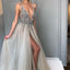 A-line Tulle Charming Deep V-neck Beaded Backless Prom Dresses, FC601