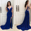 Backless Mermaid Satin Prom Dress, Sexy Slit Beaded Prom Dress, D615