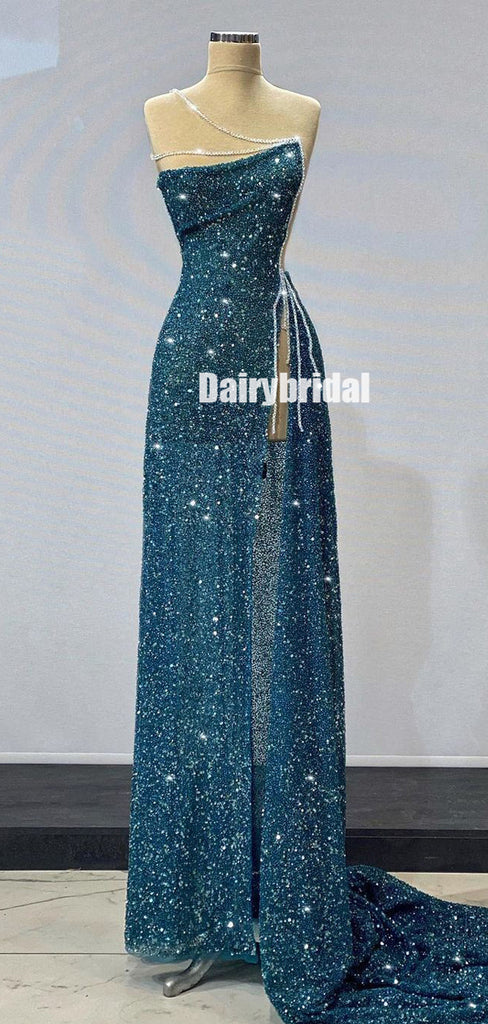 Stunning One-Shoulder A-line Sequin Slit Sparkle Prom Dresses, FC6244