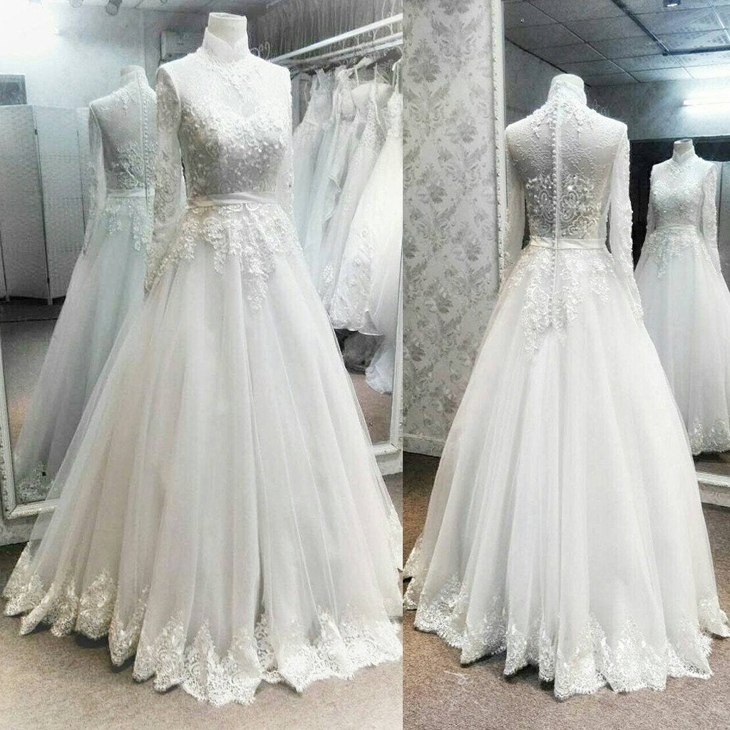 Charming High Neck Long Sleeves Lace Applique Luxury Long Wedding Bridal Ball Gown, WG630