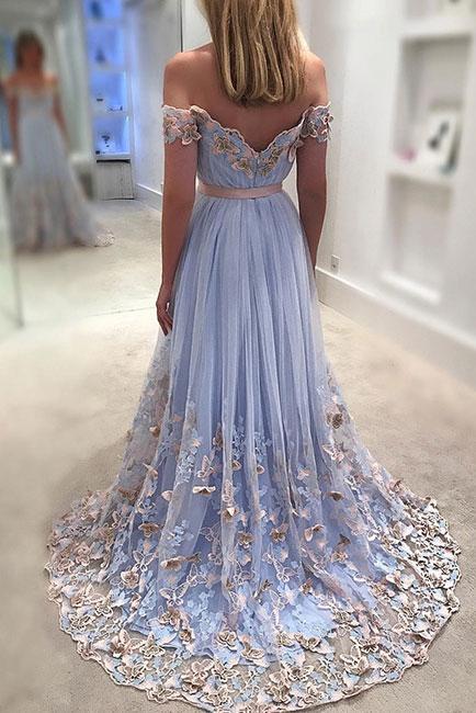 Long Prom Dresses, Tulle Prom Dresses, Floor-Length Party Prom Dresses, Off Shoulder Prom Dresses, Applique Prom Dresses, A-Line Prom Dresses, V-Back Prom Dress, LB0665