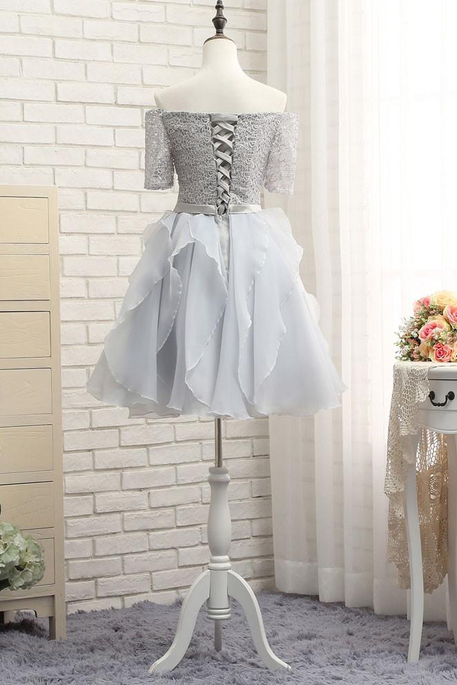 Short Homecoming Dress, Tulle Homecoming Dress, Lace Homecoming Dress, Off Shoulder Junior School Dress, Knee-Length Graduation Dress, Short Sleeve Homecoming Dress, LB0667