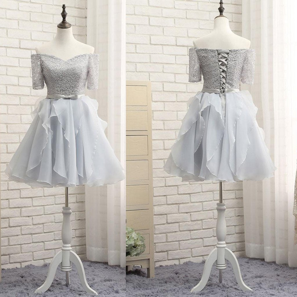 Short Homecoming Dress, Tulle Homecoming Dress, Lace Homecoming Dress, Off Shoulder Junior School Dress, Knee-Length Graduation Dress, Short Sleeve Homecoming Dress, LB0667