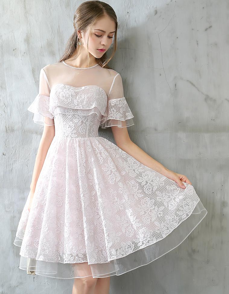 Short Homecoming Dress, Tulle Homecoming Dress, Short Sleeve Homecoming Dress, Lace Junior School Dress, Knee-Length Homecoming Dress, Cute Homecoming Dress, LB0675