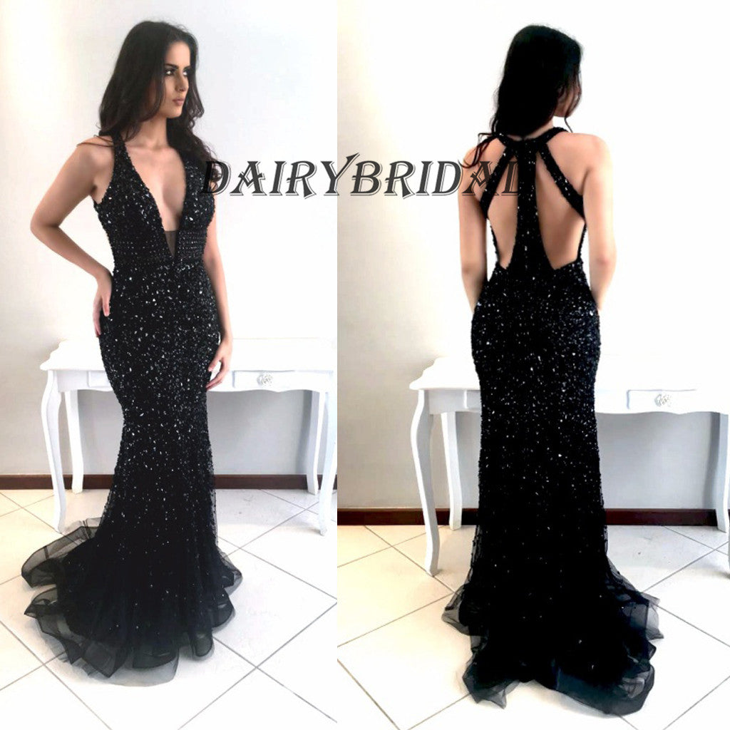 Sexy Prom Dress, V-Neck Prom Dress, Tulle Prom Dress, Beaded Prom Dress, Mermaid Prom Dress, D67