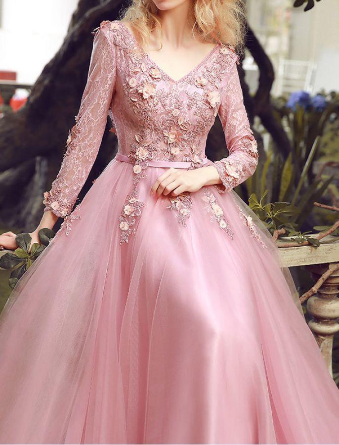 Long Prom Dress, V-Neck Prom Dress, Tulle Prom Dress, A-Line Prom Dress, Long Sleeve Prom Dress, Applique Prom Dress, Party Dresses, Evening Dresses, LB0693