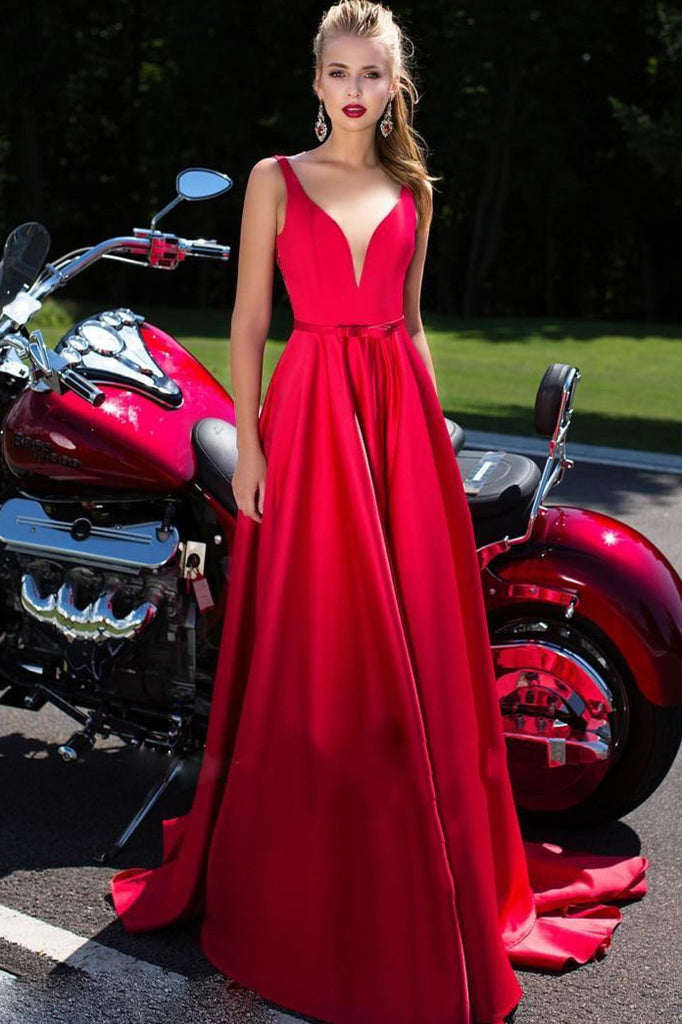 Long Prom Dresses, Satin Prom Dresses, Deep V-Neck Prom Dresses, Lace Prom Dresses Online, Sleeveless Prom Dress, Red Prom Dress, DA828