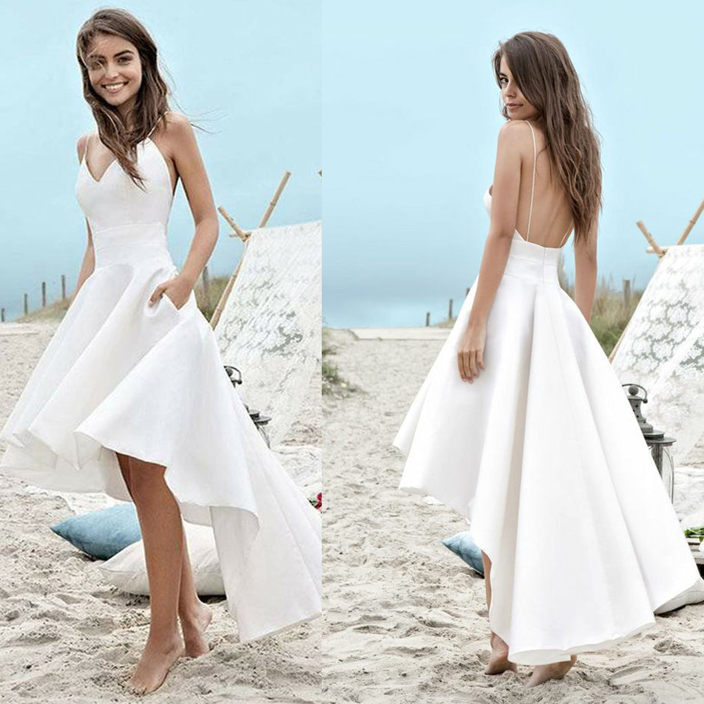 White Spaghetti Straps A-Line Homecoming Dress, High-Low Backless Homecoming Dress, D876