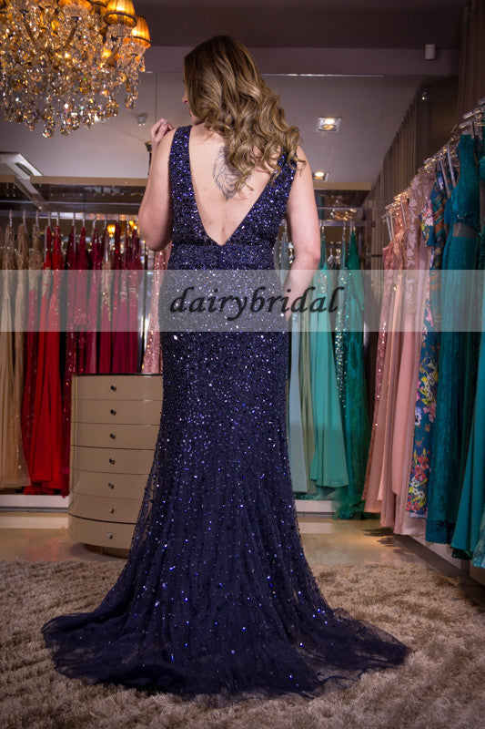 V-Back Sexy Prom Dress, Tulle Beaded Prom Dress, Sleeveless Prom Dress, D88