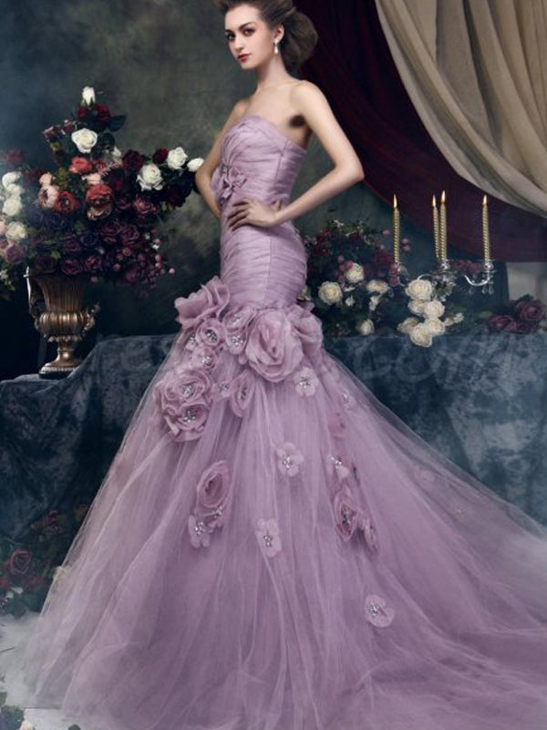 Gorgeous Strapless Mermaid Light Purple Tulle Appliques Wedding Dresses, WD0176