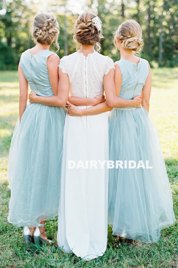 Unique High-Low Tulle A-Line Sleeveless Zip Up Bridesmaid Dresses, D945