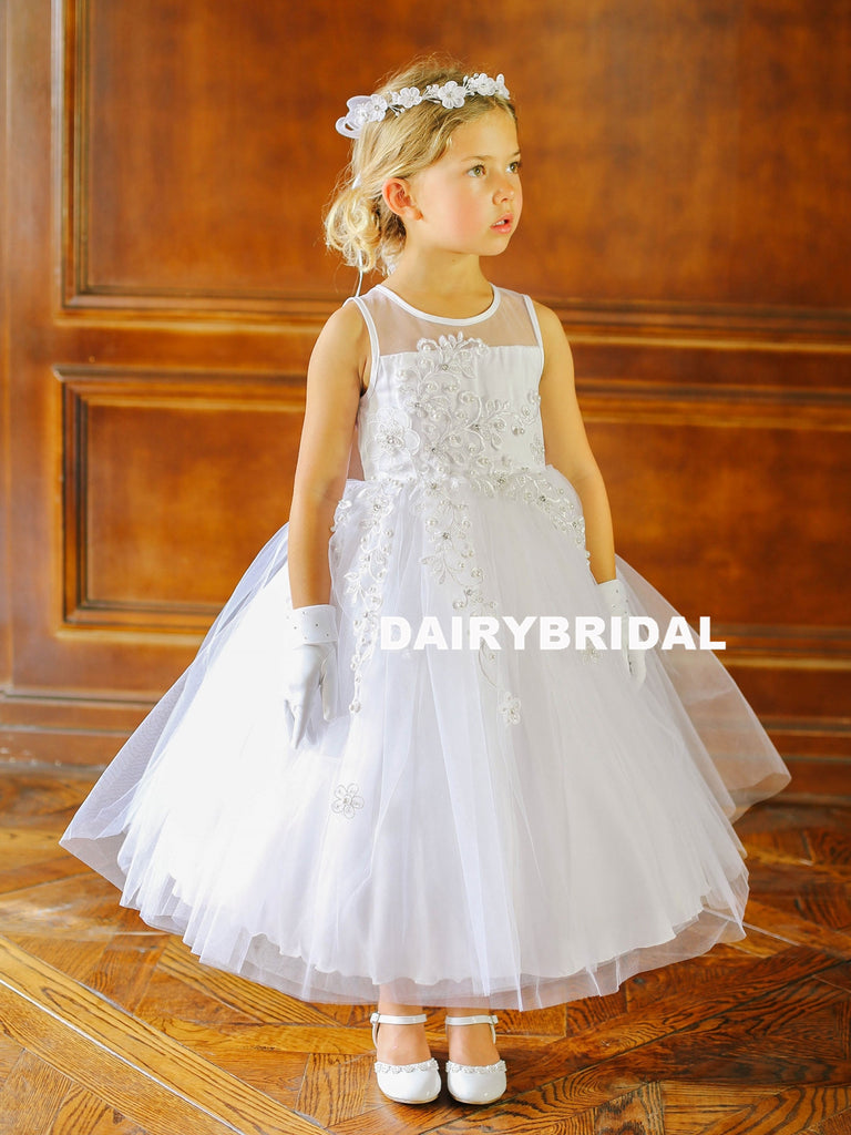 Cute Tulle A-Line Flower Girl Dresses, Applique Flower Lovely Little Girl Dresses, D1143