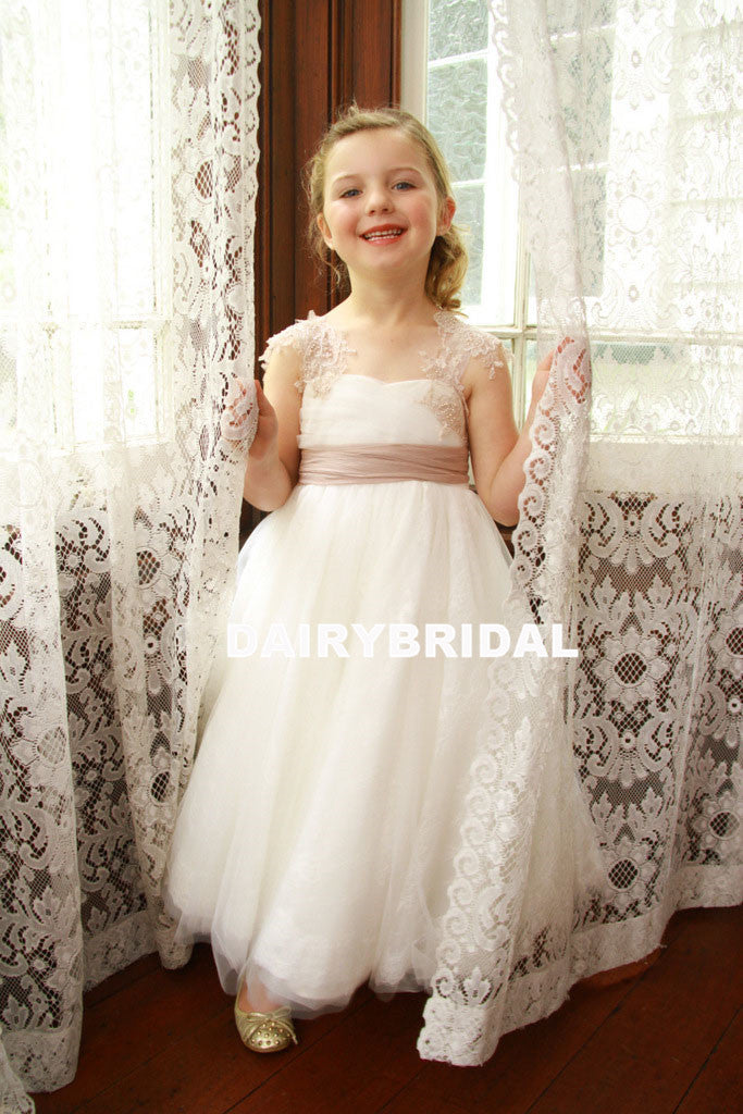 Cap Sleeve Lace Tulle Flower Girl Dresses, Popular Little Girl Dresses with Tulle Belt, D1150