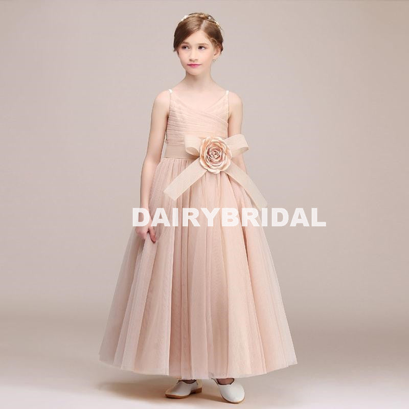 Simple A-Line Tulle Flower Girl Dresses, Lovely Little Girl Dresses with Handmade Flower, D1176