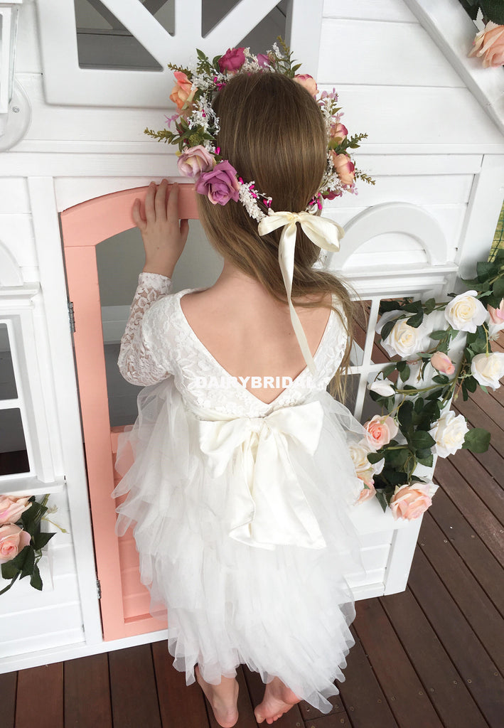 White Long Sleeve Lace Flower Girl Dresses, Tulle Backless Popular Little Girl Dresses, D1202