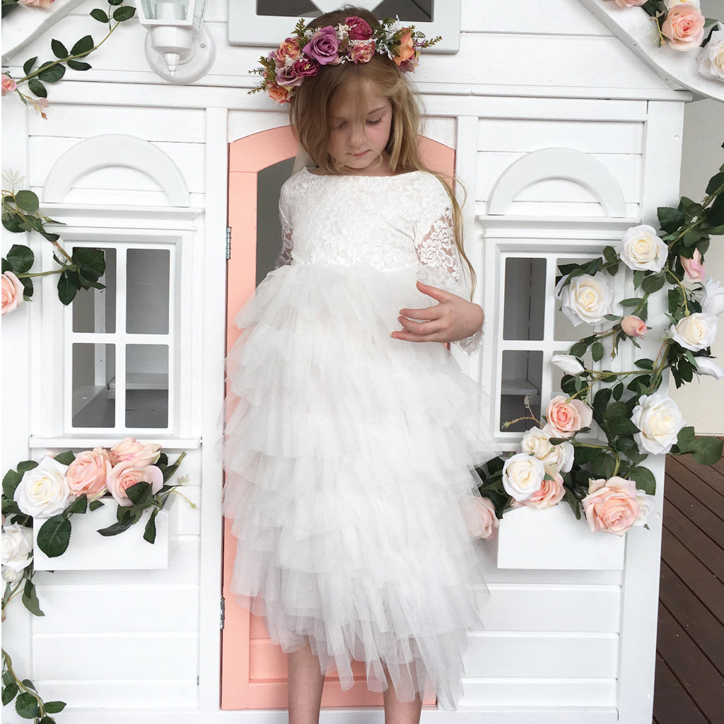 White Long Sleeve Lace Flower Girl Dresses, Tulle Backless Popular Little Girl Dresses, D1202