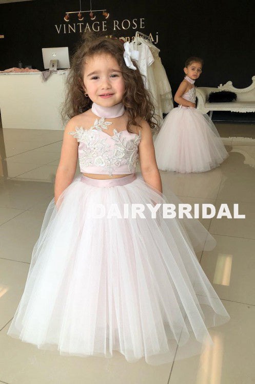 Halter Two Pieces Tulle Flower Girl Dresses, Applique Lovely Little Girl Dresses,  D1355