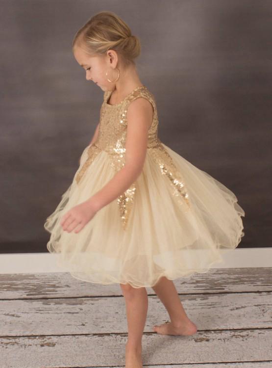 Gold Sequin A-Line Tulle Flower Girl Dresses, Lovely Little Girl Dresses, FC1357