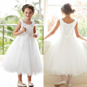 White Tulle Round Neckline Flower Girl Dresses, Applique Popular Little Girl Dresses, D994