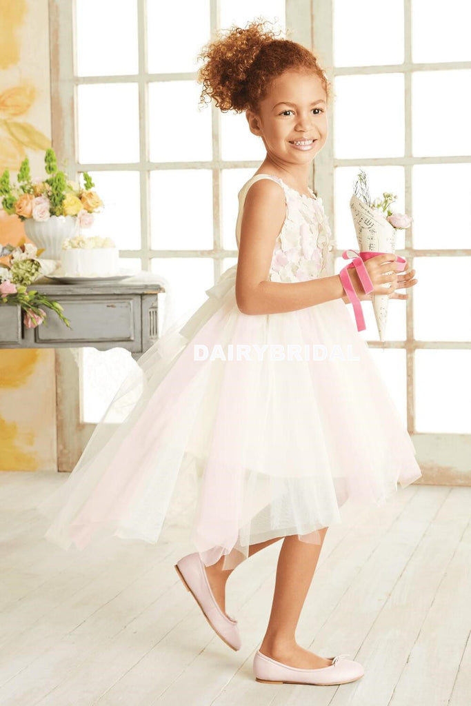 High-Low Tulle Applique Flower Girl Dresses, Cheap Popular Little Girl Dresses, D999