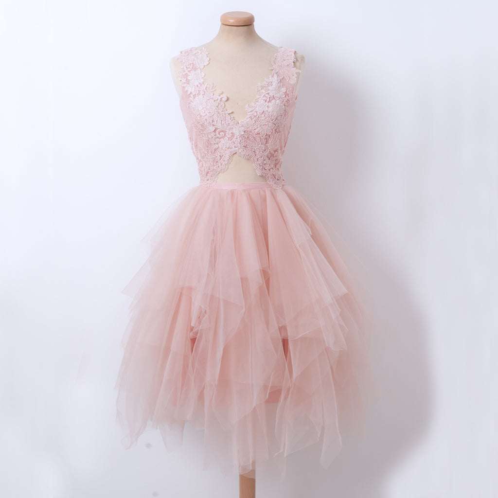 New Lace Top BacklessHomecoming Dress, Pink Tulle A-line Homecoming Dress, D1314