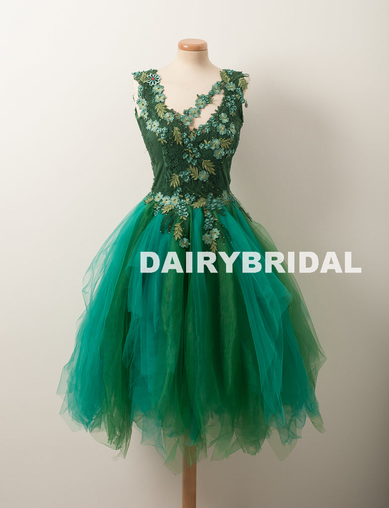 Forest Green A-Line Beaded Homecoming Dress, Tulle Sleeveless Applique Homecoming Dress, D1315