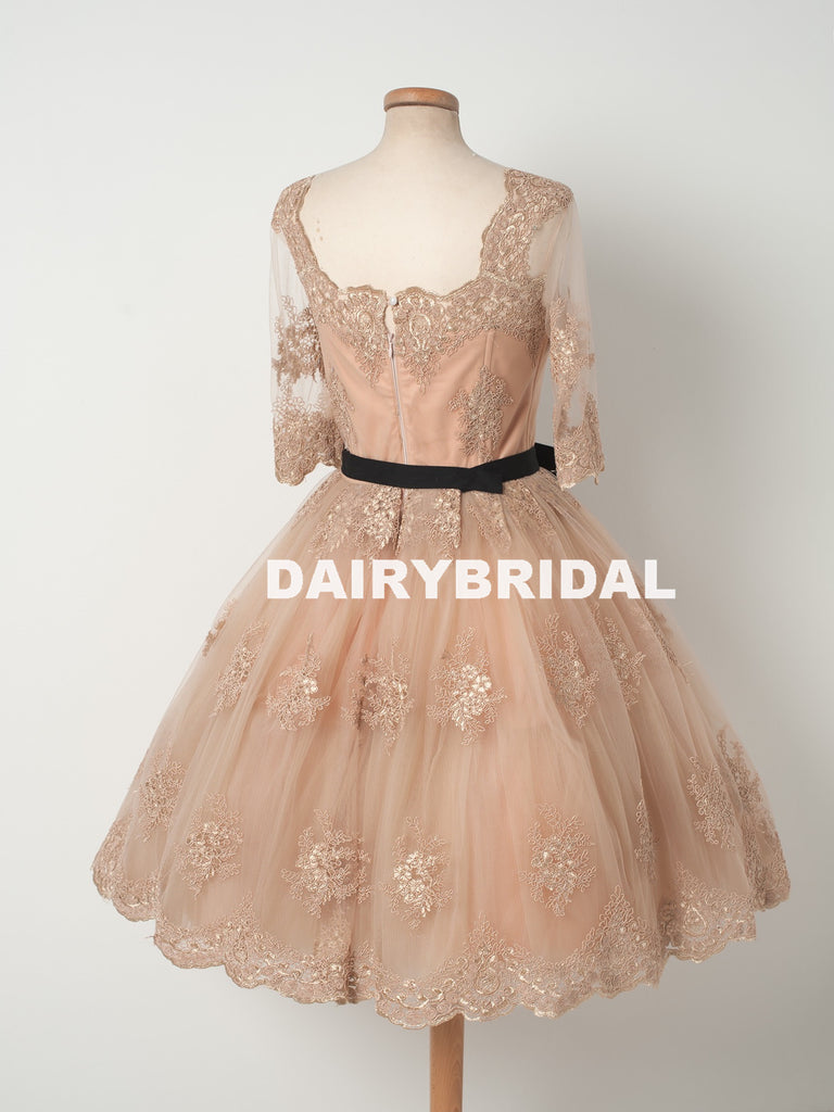 Charming Lace A-Line Homecoming Dress, Short Sleeve Tulle Homecoming Dress, D1320