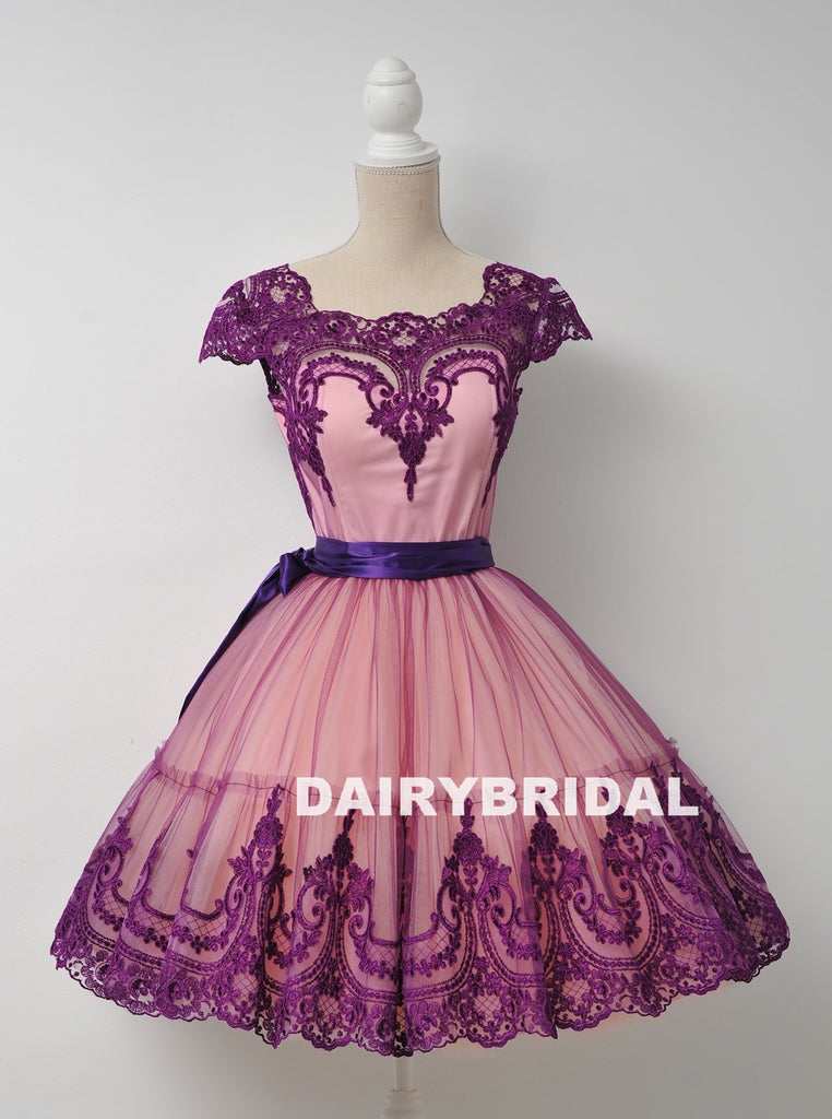 Special Popular Lace Cheap Homecoming Dress, Cap Sleeve Tulle A-Line Homecoming Dress, D1323