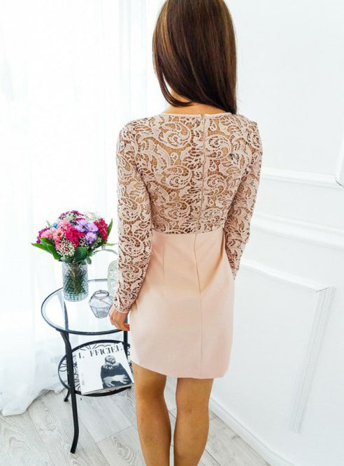 Long Sleeve Lace Top Homecoming Dress, Sheath Knee-Length Homecoming Dress, D1392