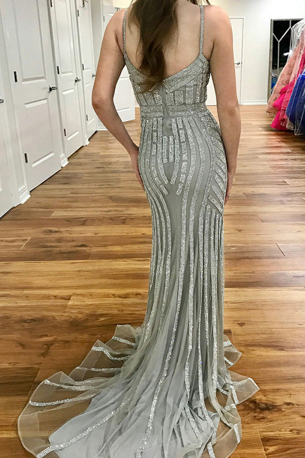 Grey Spaghetti Straps Tulle Mermaid Backless Prom Dresses, FC1612