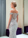 Sparkly Off Shoulder Mermaid Silver Beaded Backless Sequin Prom Dresses, FC1779