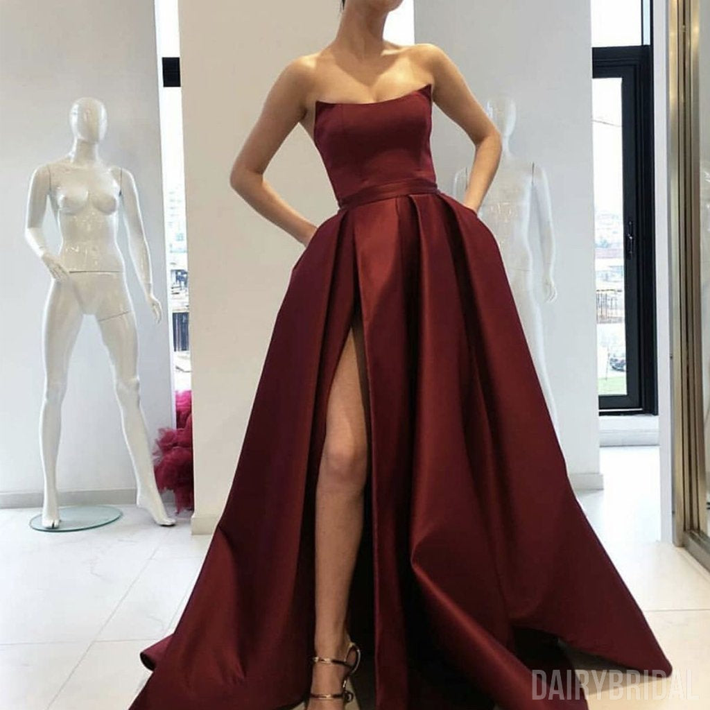 Gorgrous A-Line Satin Burgundy Slit Backless Simple Long Prom Dresses, FC1833