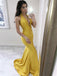 Yellow Satin Halter Backless Mermaid Sexy Deep V-neck Prom Dresses, FC1932