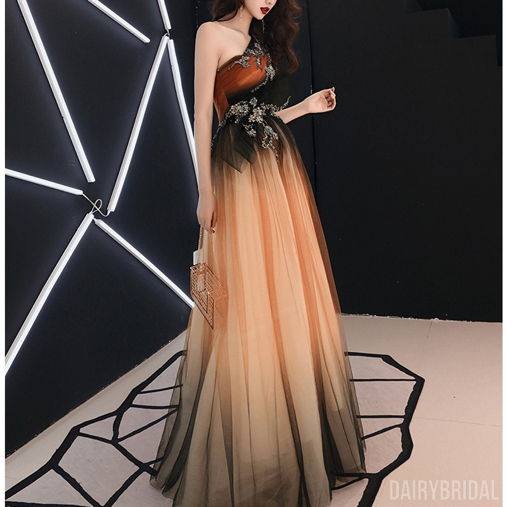 One Shoulder Gradual Tulle A-Line Applique Long Prom Dresses, FC2074