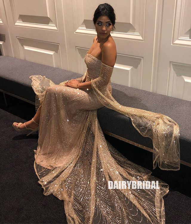 Gold Long Sleeve Sparkly Off Shoulder Special Designed Mermaid Prom Dresses, FC2384