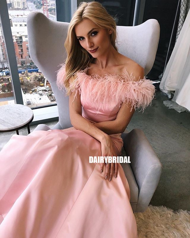 Cute Pink Satin Mermaid Off Shoulder Backless Elegant Prom Dresses, FC2397