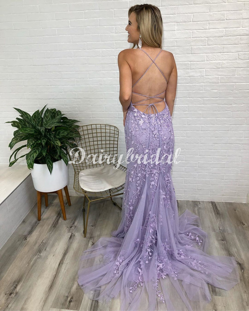 Sexy Mermaid Lace Cross Back Sleeveless Long Prom Dresses, FC4368