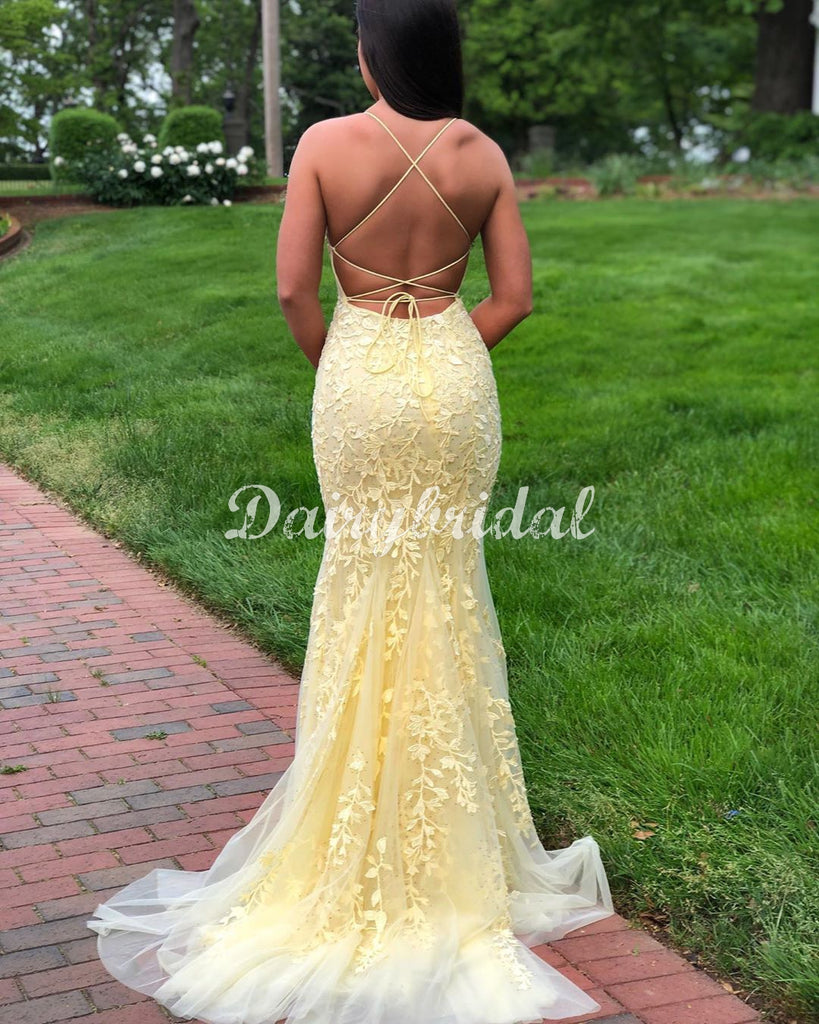 Sexy Mermaid Lace Cross Back Sleeveless Long Prom Dresses, FC4368