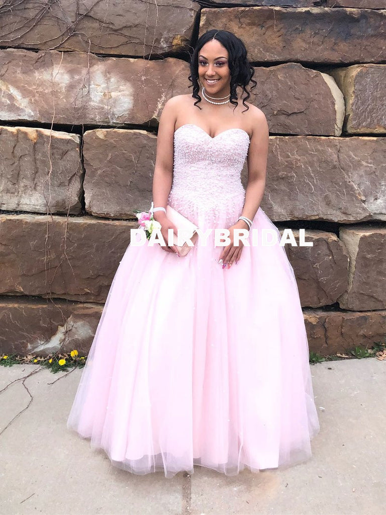 Sweetheart A-Line Beaded Pink Backless Tulle Sleeveless Prom Dresses, D1061